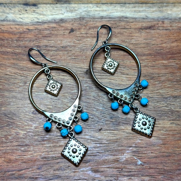 Bohemian Ethnic Turquoise and Gold Dangle Earrings - Picture 1 of 4